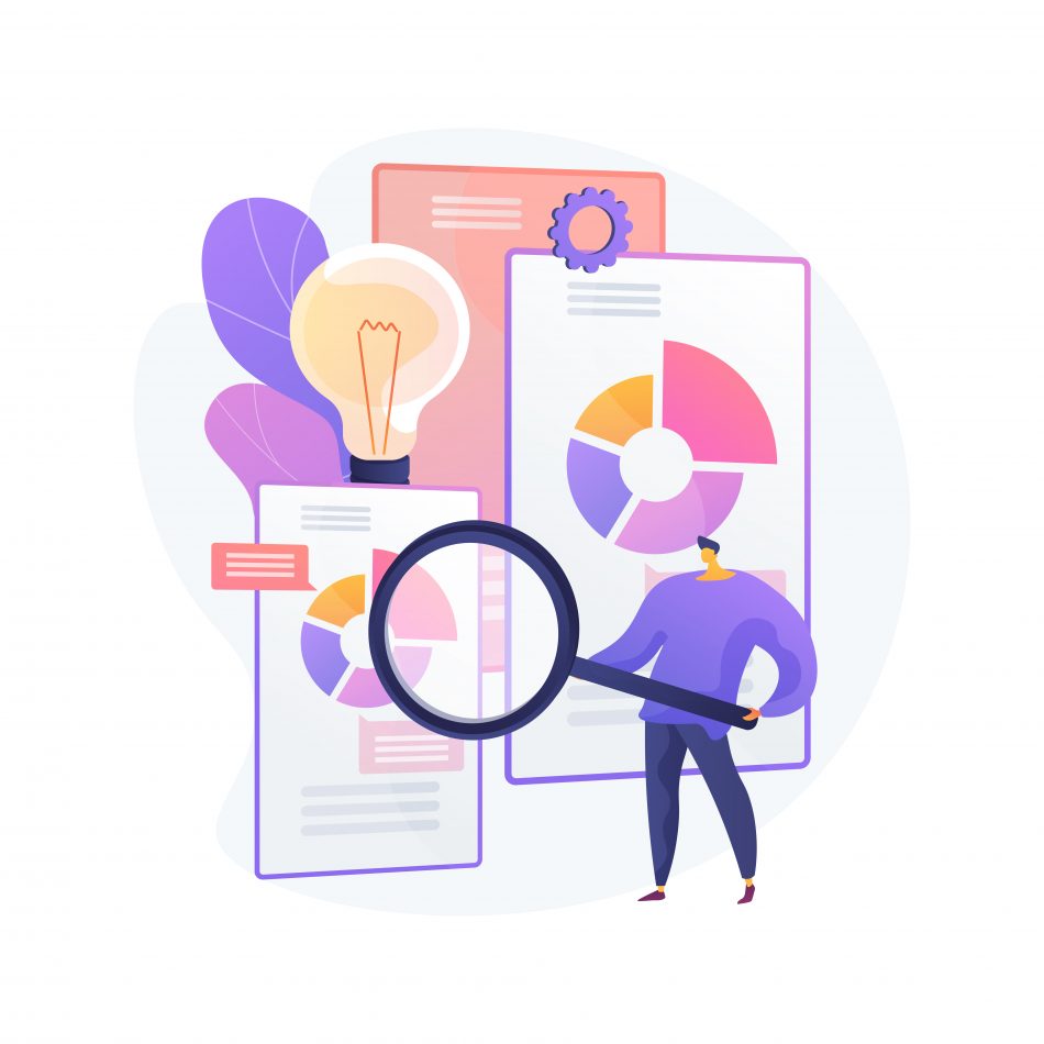 person using magnifying glass to research analytics graph - corporate graphic vector